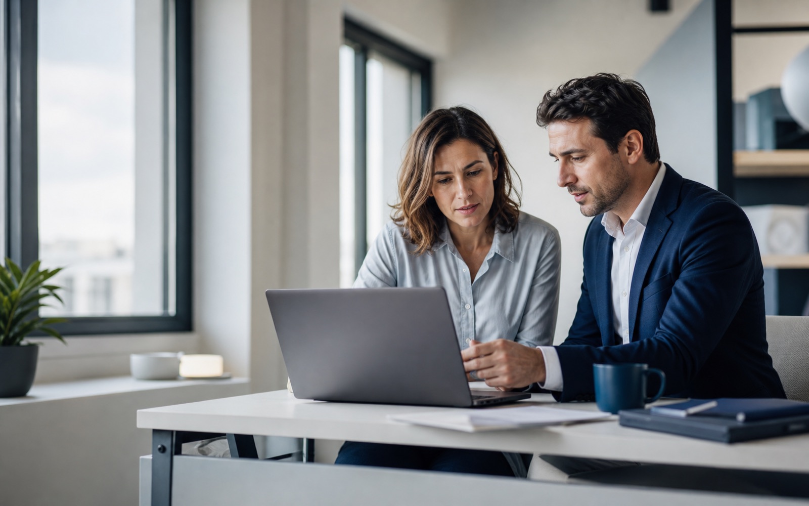 Una responsabile d'impresa e un consulente lavorano insieme al computer